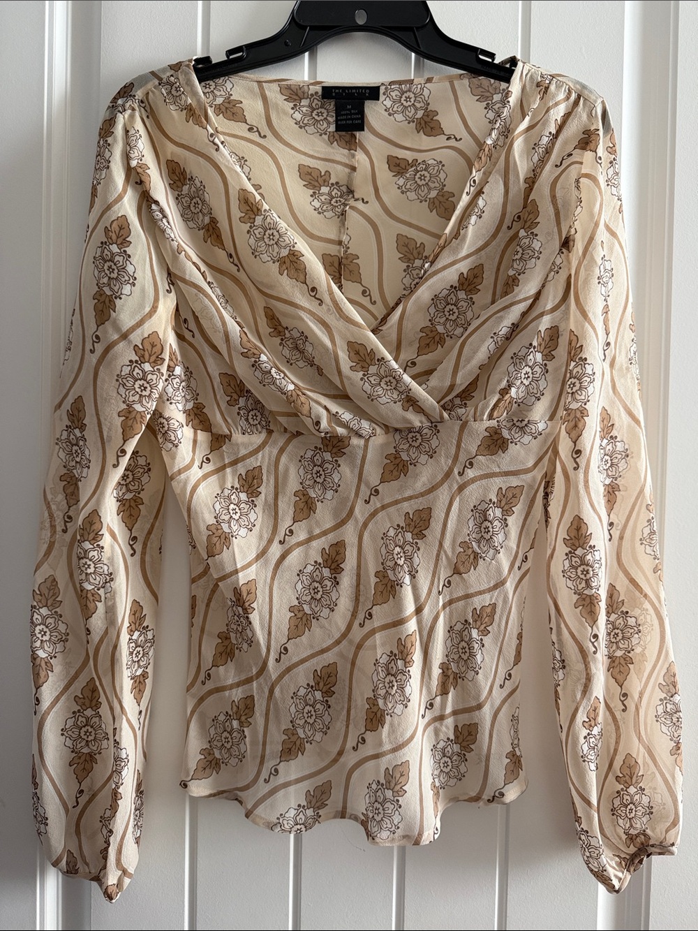 The Limited—Cream and Brown Floral Wrap Blouse (size Medium)